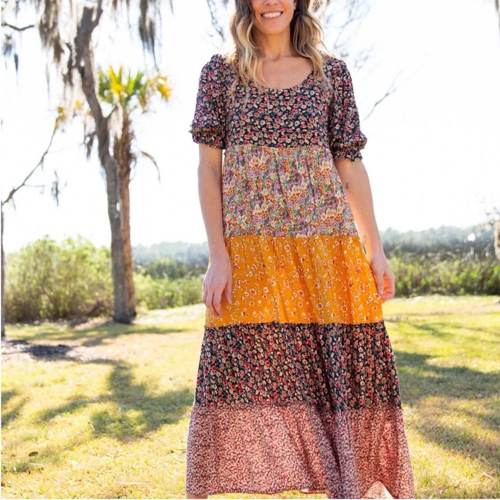 Natural Life Mixed Floral Print Tiered Colette Maxi Dress Blue Red Gold Large - Picture 2 of 11